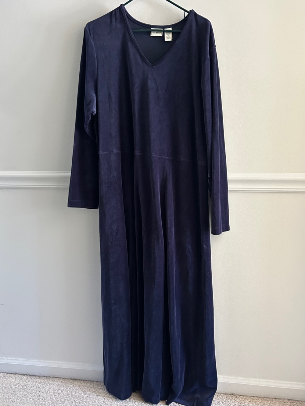 Vintage LL Bean TALL Velvet-like, V Neck Navy Dress